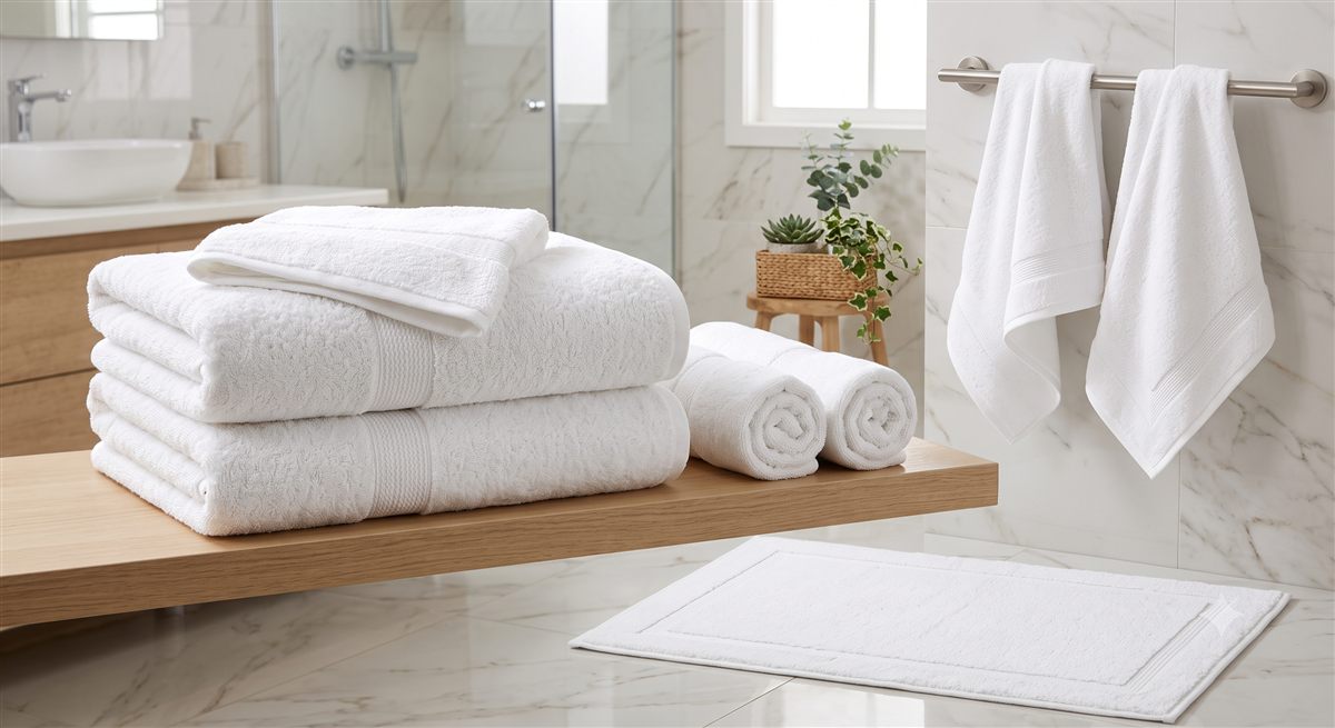 Folded and rolled white bath towels and a bath mat in a bathroom
